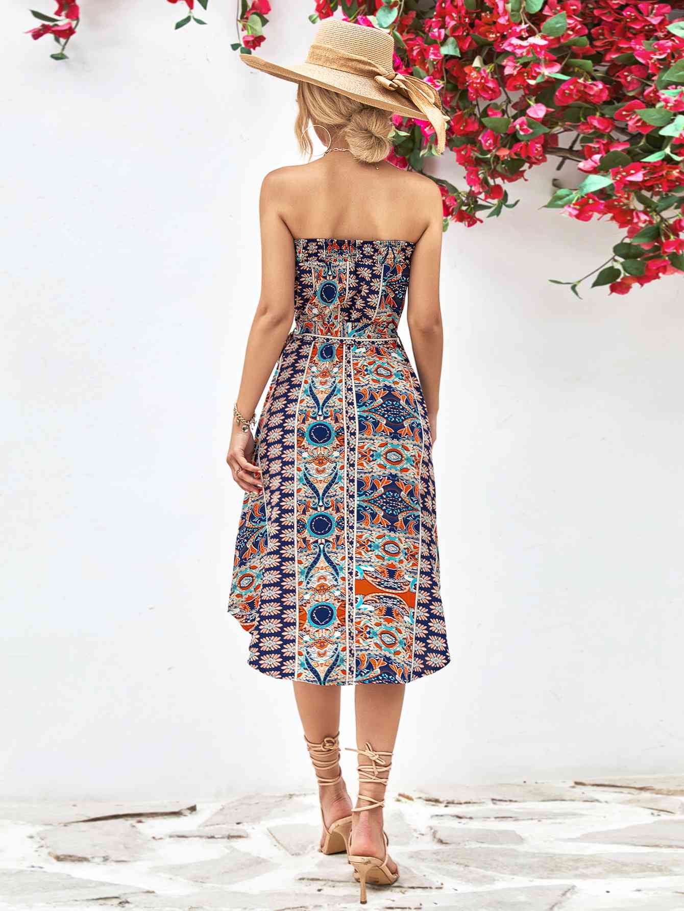 Printed Strapless Tie Belt Dress - AllIn Computer