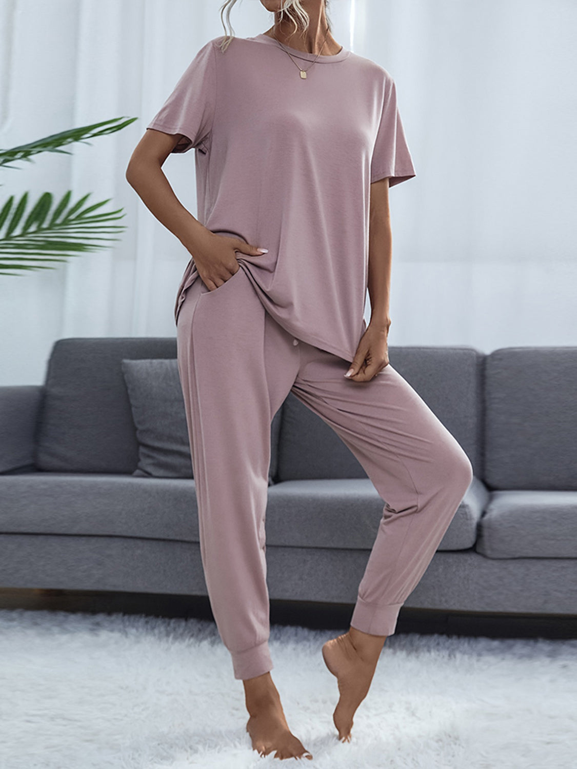 Round Neck Short Sleeve Top and Pants Set - AllIn Computer