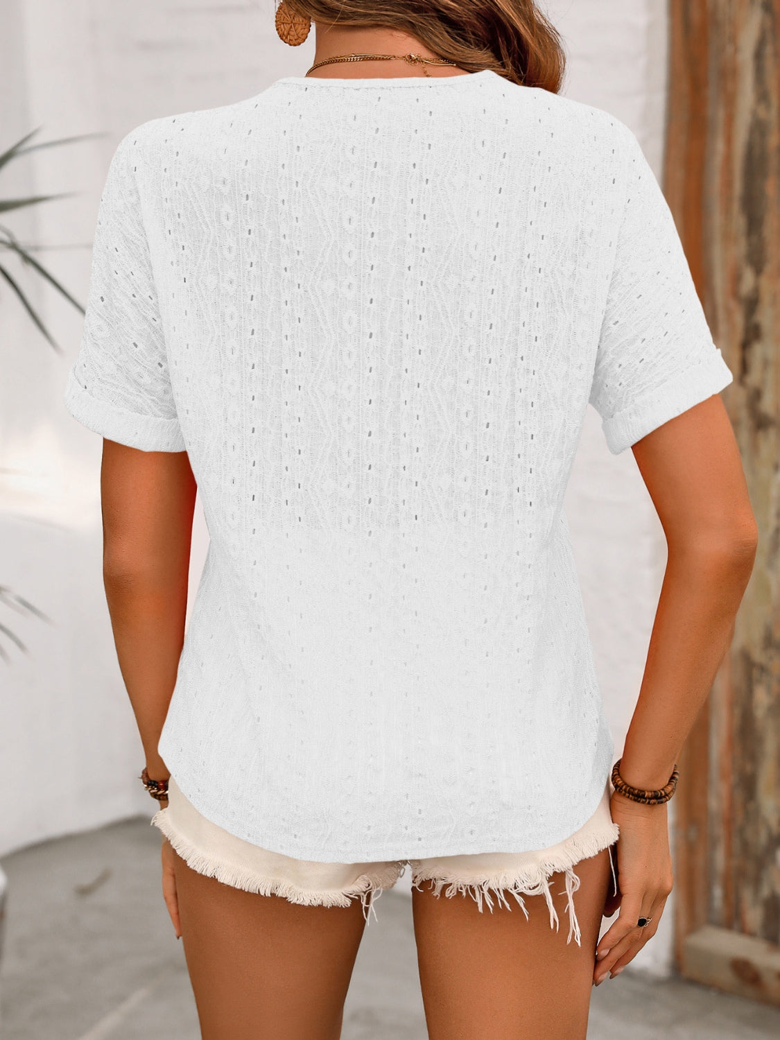 Eyelet V-Neck Short Sleeve Top - AllIn Computer