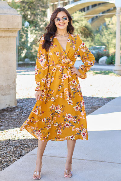 Double Take Full Size Floral Tie Back Flounce Sleeve Dress - AllIn Computer