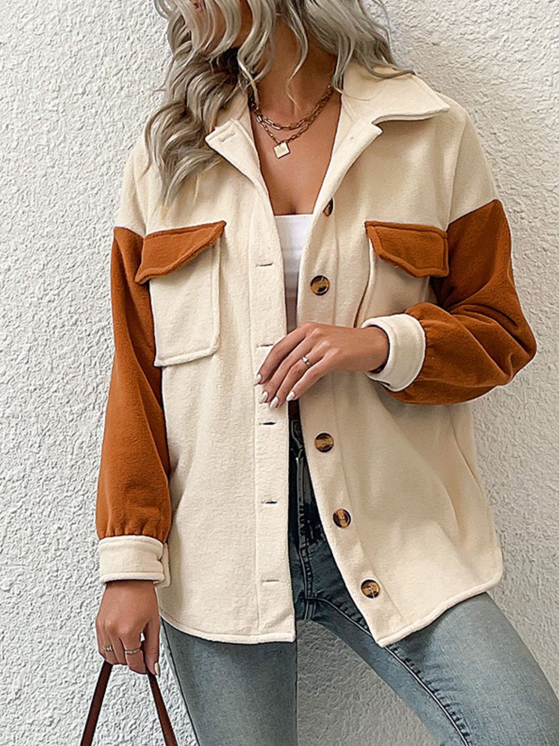 Double Take Contrast Button-Up Fleece Jacket - AllIn Computer