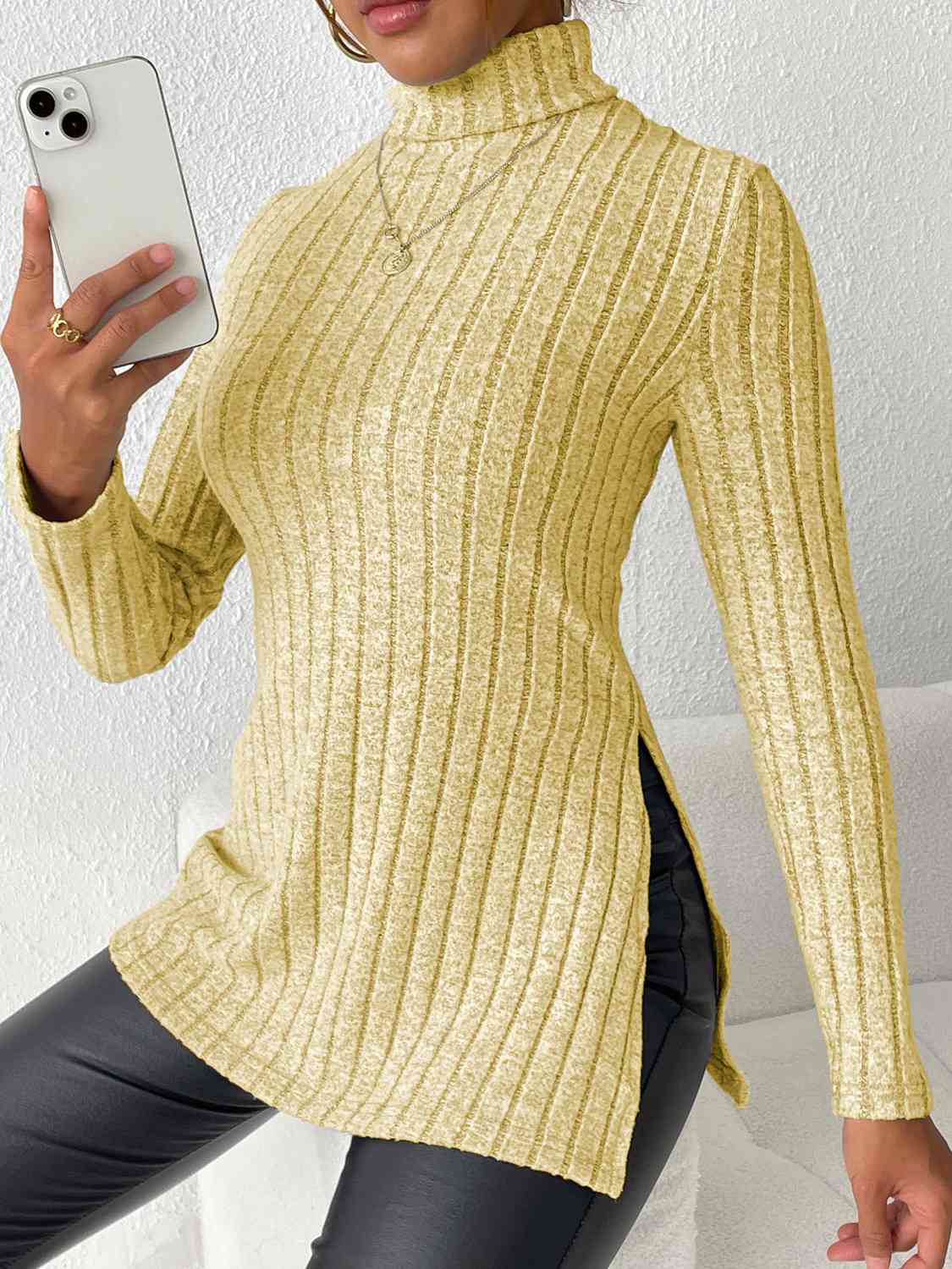 Ribbed Turtleneck Long Sleeve Slit T-Shirt - AllIn Computer