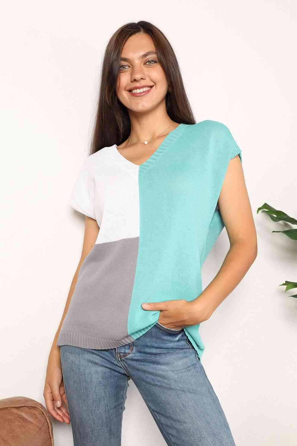 Double Take Color Block V-Neck Knit Top - AllIn Computer