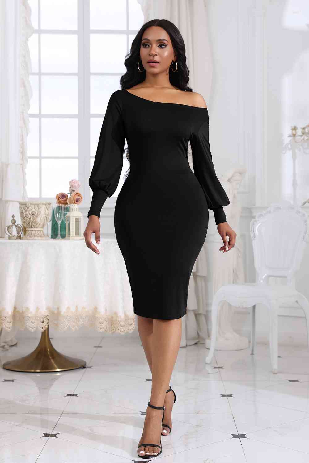 Boat Neck Lantern Sleeve Dress - AllIn Computer