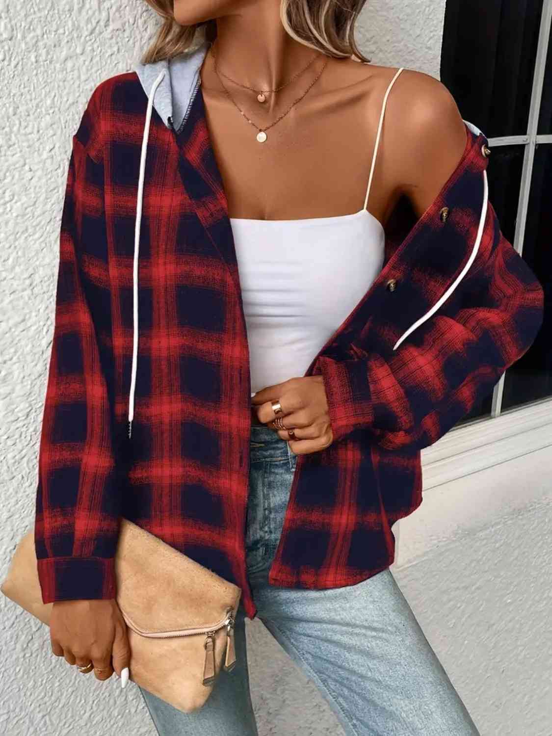 Plaid Drawstring Button Up Hooded Jacket - AllIn Computer