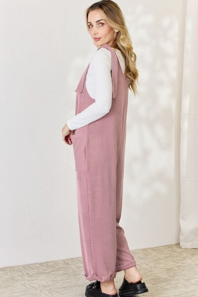 Celeste Full Size Ribbed Tie Shoulder Sleeveless Ankle Overalls - AllIn Computer