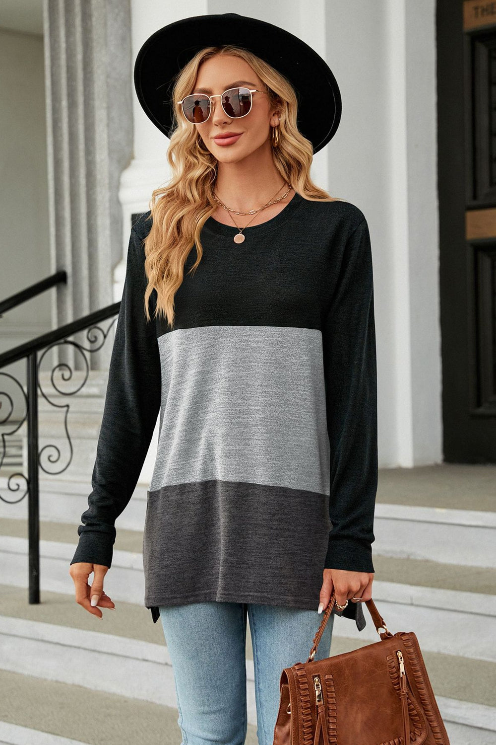 Color Block Round Neck Long Sleeve Slit T-Shirt - AllIn Computer