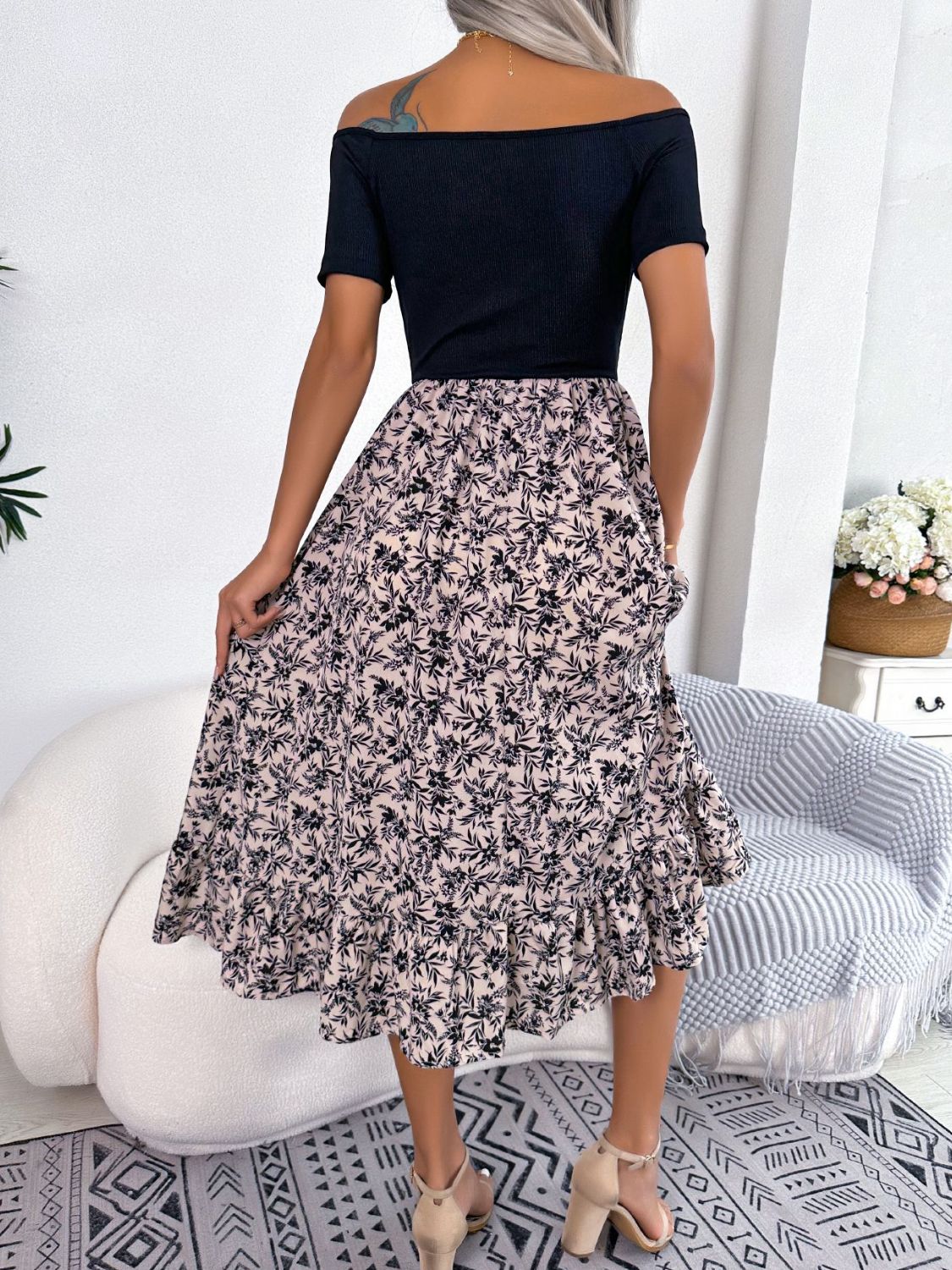 Printed Off-Shoulder Ruffle Hem Dress - AllIn Computer