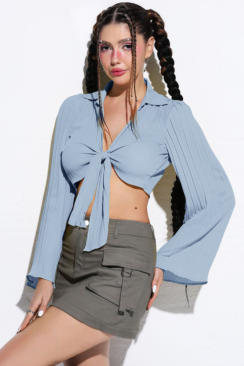 Tie Front Johnny Collar Flare Sleeve Cropped Top - AllIn Computer