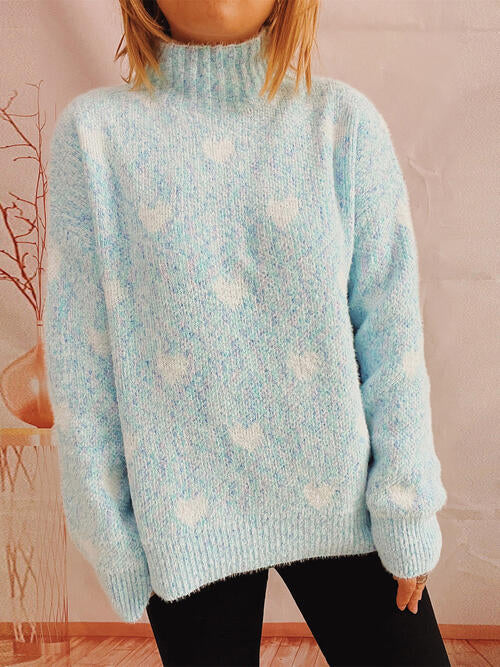 Heart Heathered Turtleneck Drop Shoulder Sweater - AllIn Computer