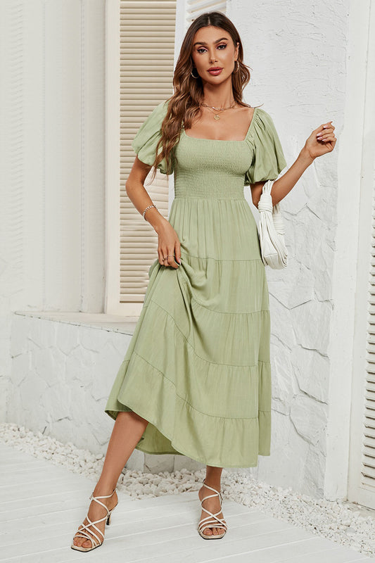 Smocked Square Neck Puff Sleeve Dress - AllIn Computer