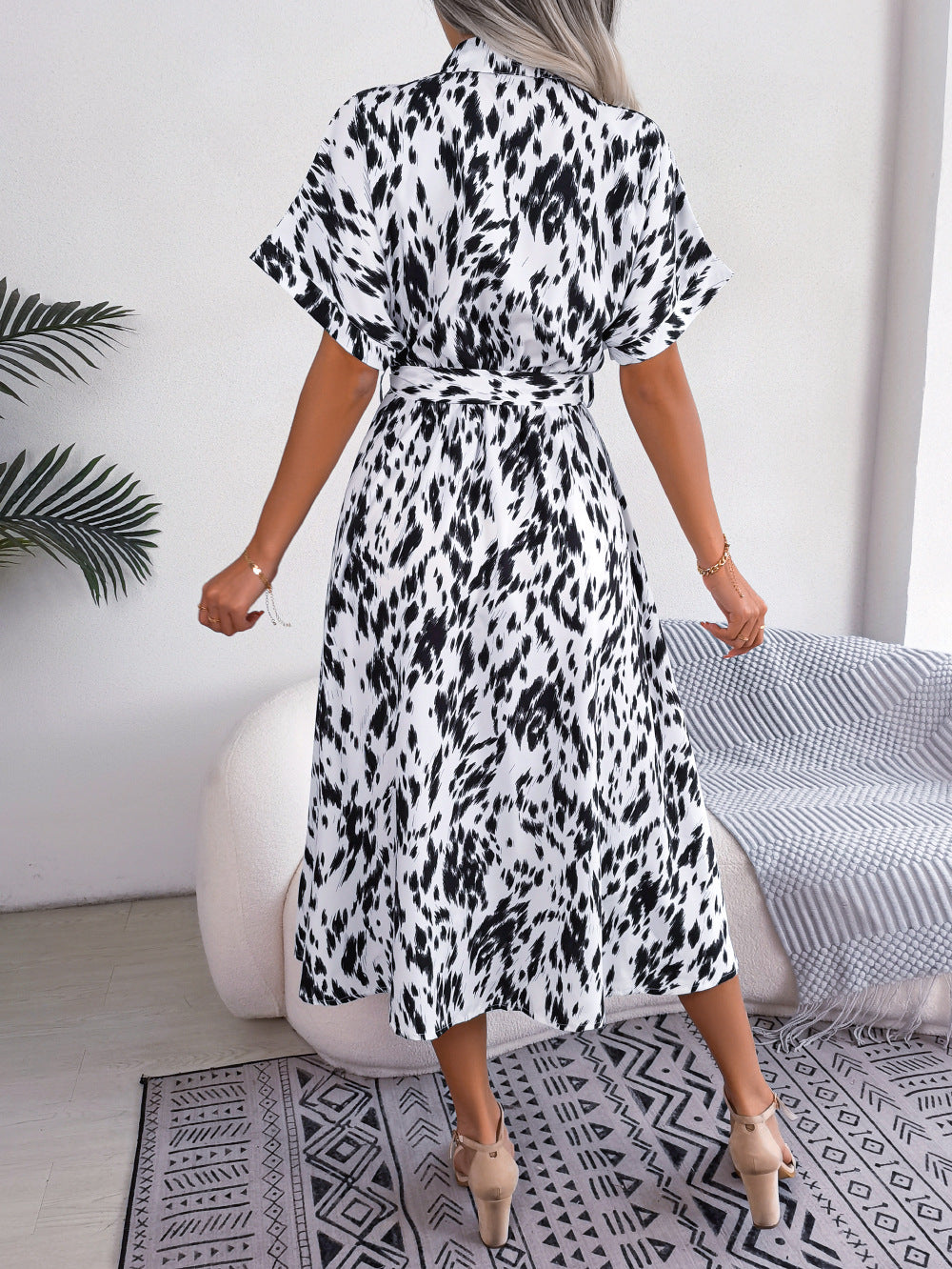 Printed Collared Neck Short Sleeve Tie Waist Dress - AllIn Computer