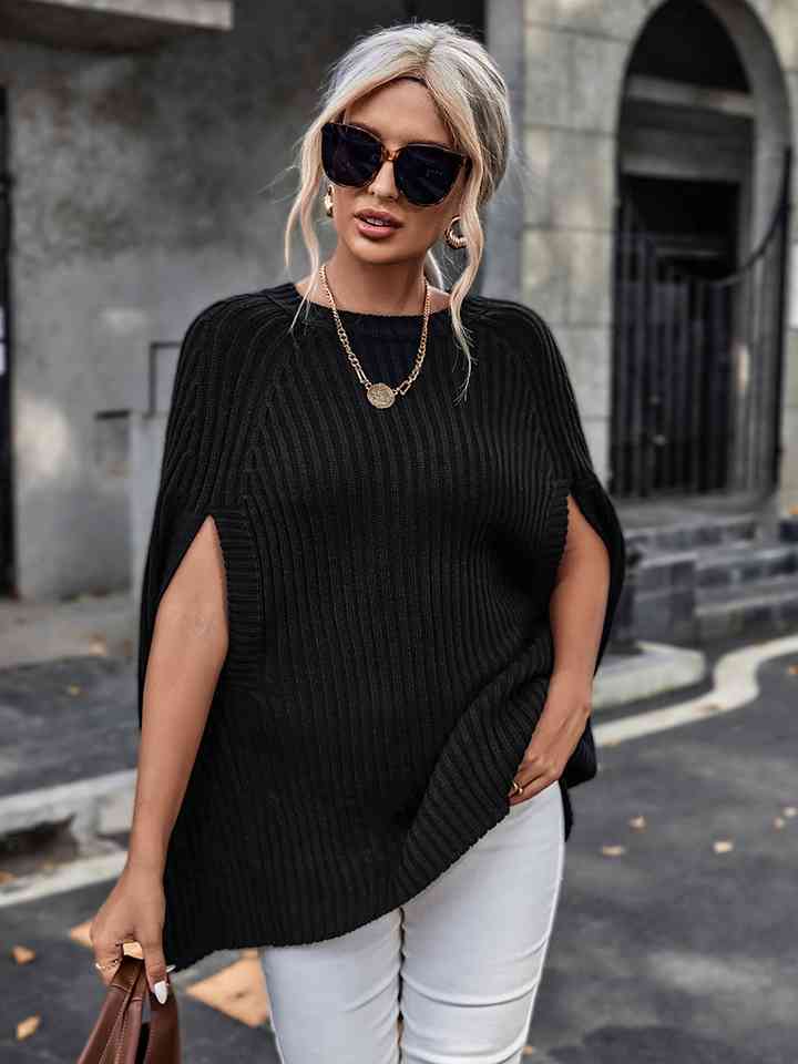 Ribbed Round Neck Slit Sleeve Knit Top - AllIn Computer