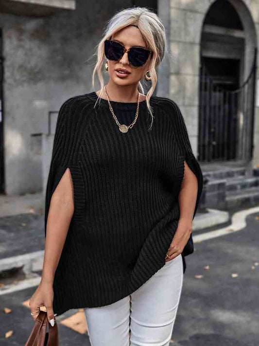 Ribbed Round Neck Slit Sleeve Knit Top - AllIn Computer