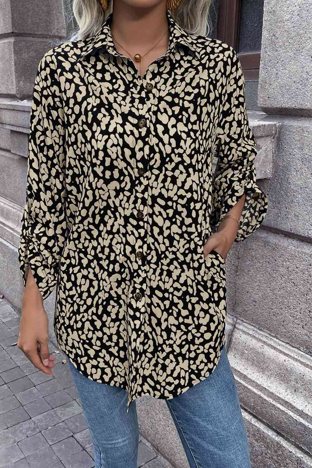 Double Take Leopard Roll-Tap Sleeve Shirt - AllIn Computer