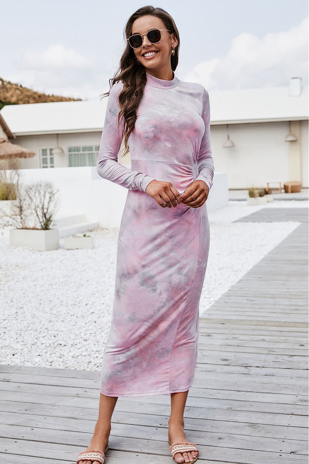 Tie Dye Mock Neck Long Sleeve Dress - AllIn Computer