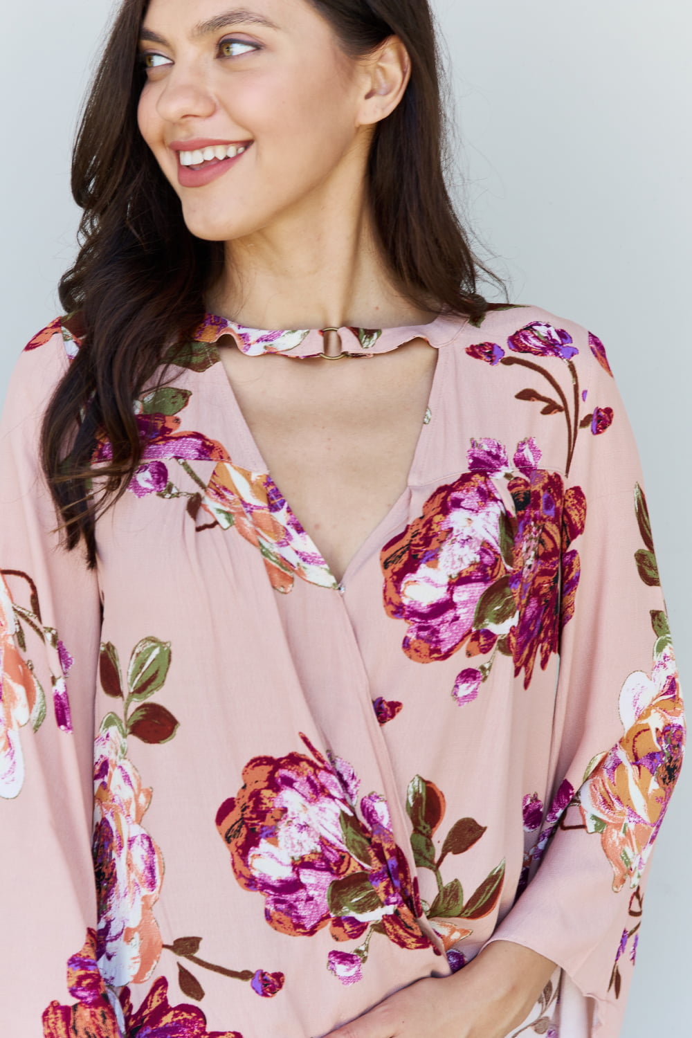 ODDI Full Size Floral Bell Sleeve Crepe Top - AllIn Computer