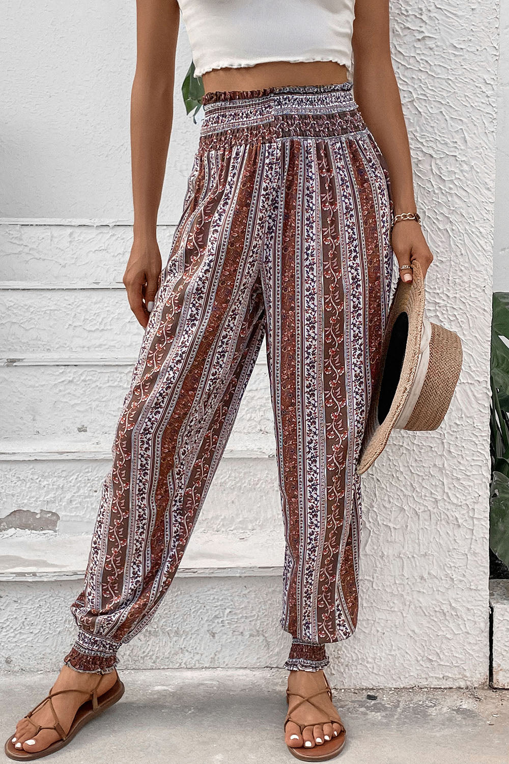 Smocked Printed High Waist Pants - AllIn Computer
