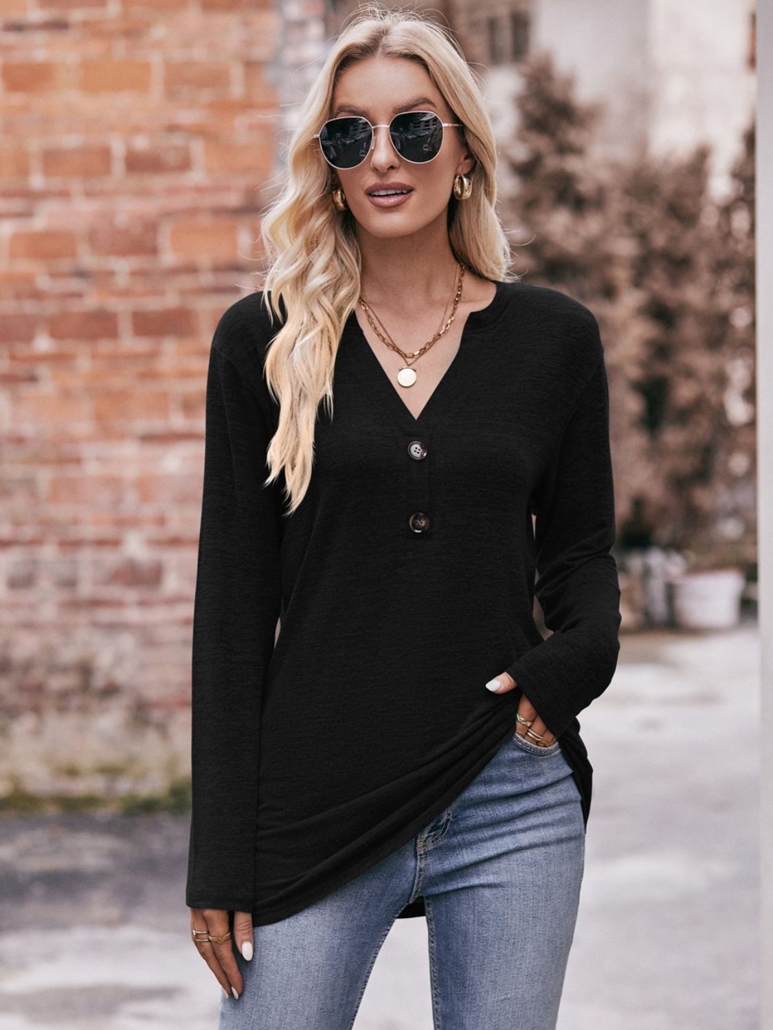 Double Take Buttoned Notched Neck Long Sleeve Top - AllIn Computer