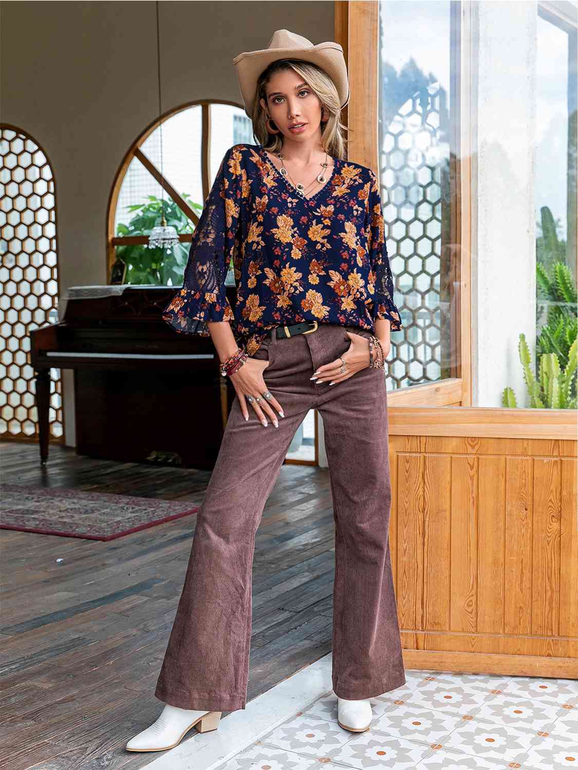Floral V-Neck Crochet Blouse - AllIn Computer
