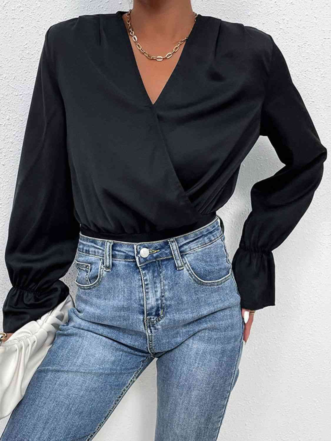 Surplice Neck Flounce Sleeve Bodysuit - AllIn Computer