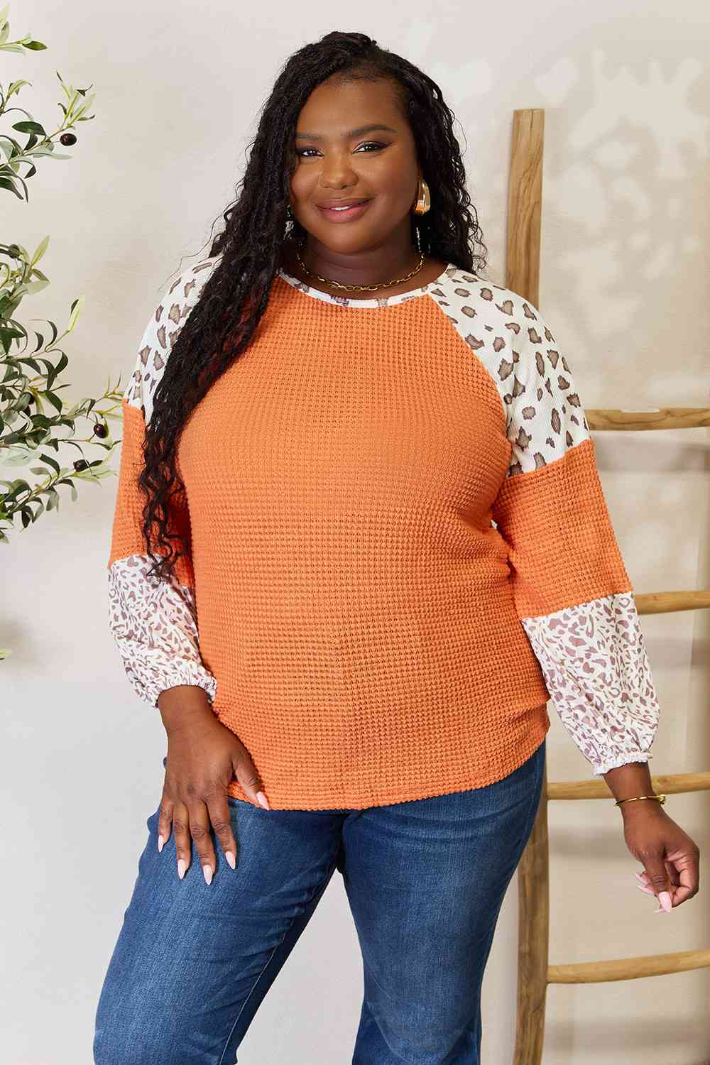 Double Take Leopard Waffle-Knit Long Sleeve Blouse - AllIn Computer