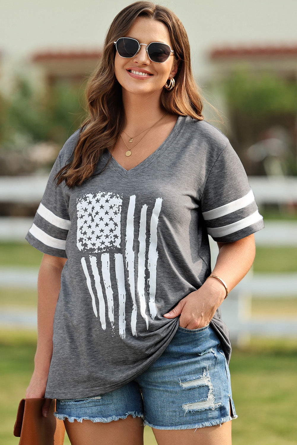 Plus Size US Flag Graphic V-Neck Tee - AllIn Computer