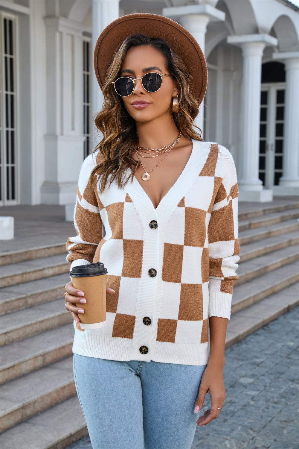 Button-Up Plaid V-Neck Dropped Shoulder Cardigan - AllIn Computer