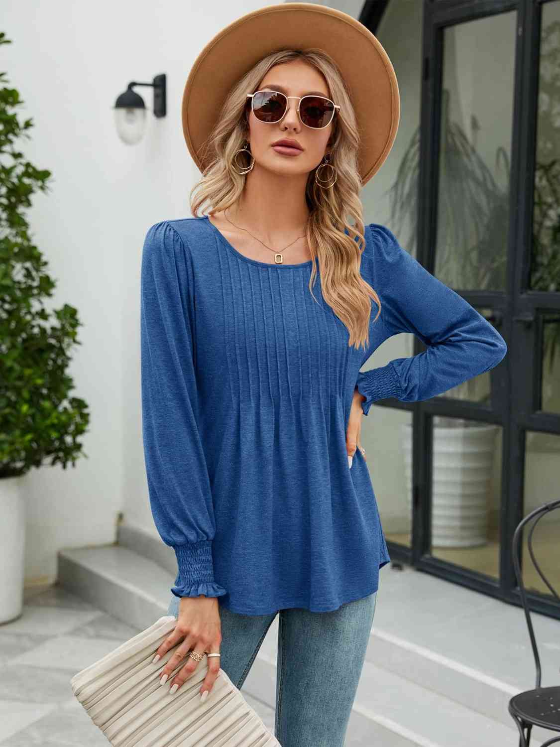 Smocked Round Neck Lantern Sleeve Blouse - AllIn Computer
