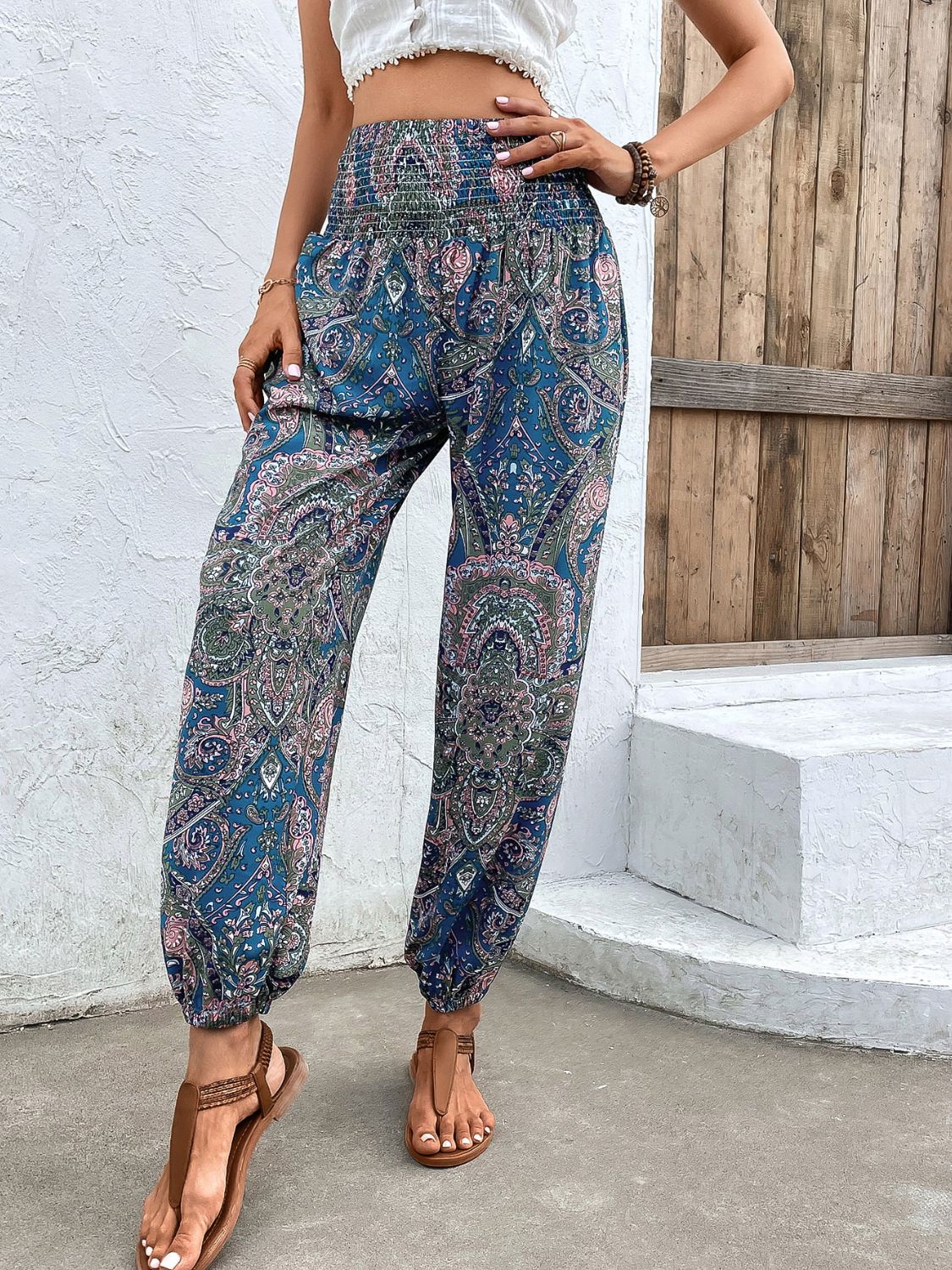 Printed Smocked Waist Pants - AllIn Computer