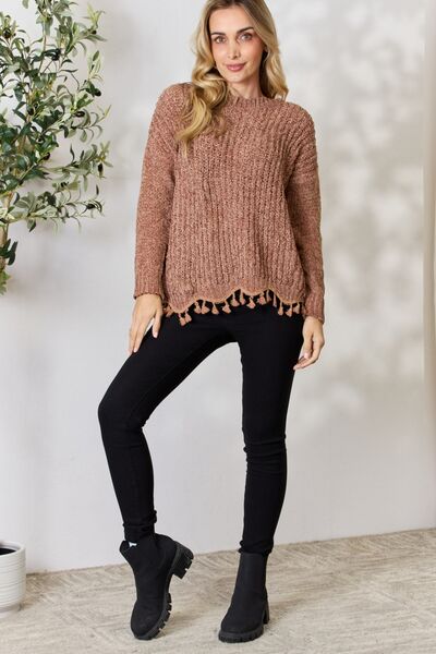 BiBi Tassel Trim Long Sleeve Sweater - AllIn Computer