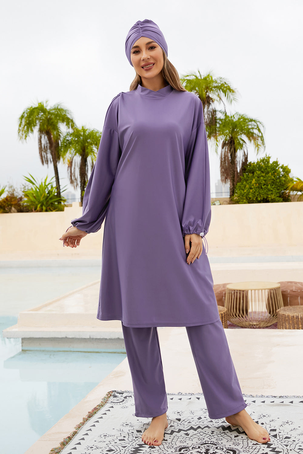 Cap, Drawstring Mock Neck Long Sleeve Top and Pants Swim Set - AllIn Computer