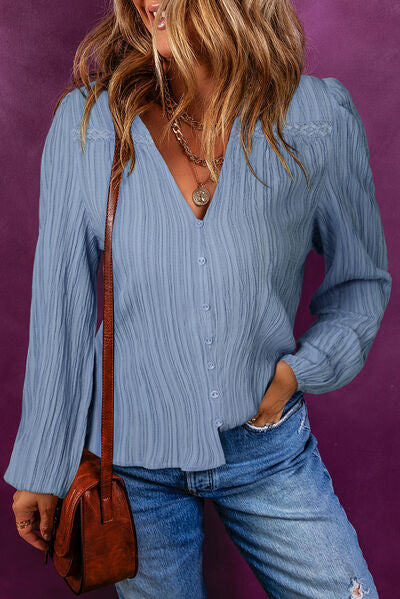 Texture Buttoned V-Neck Long Sleeve Blouse - AllIn Computer