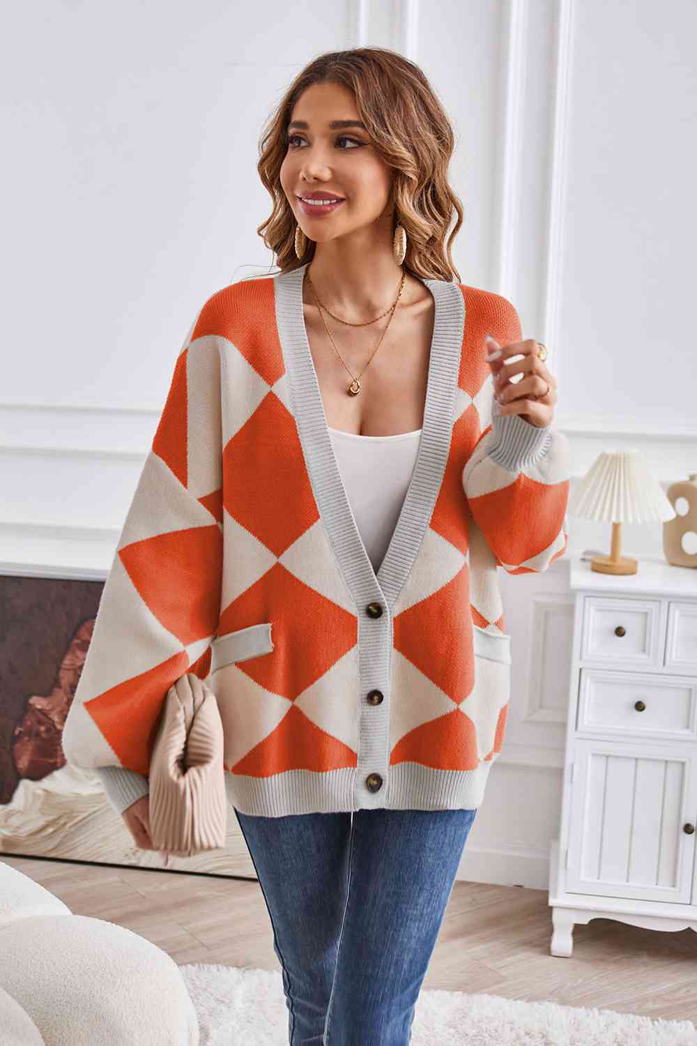 Geometric Lantern Sleeve Cardigan with Pockets - AllIn Computer