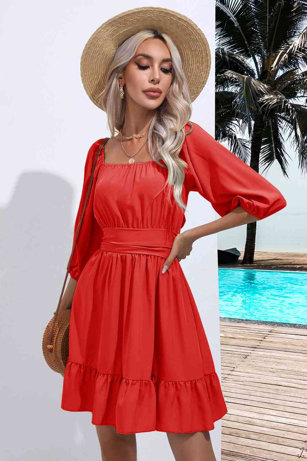 Square Neck Tie Back Ruffle Hem Dress - AllIn Computer