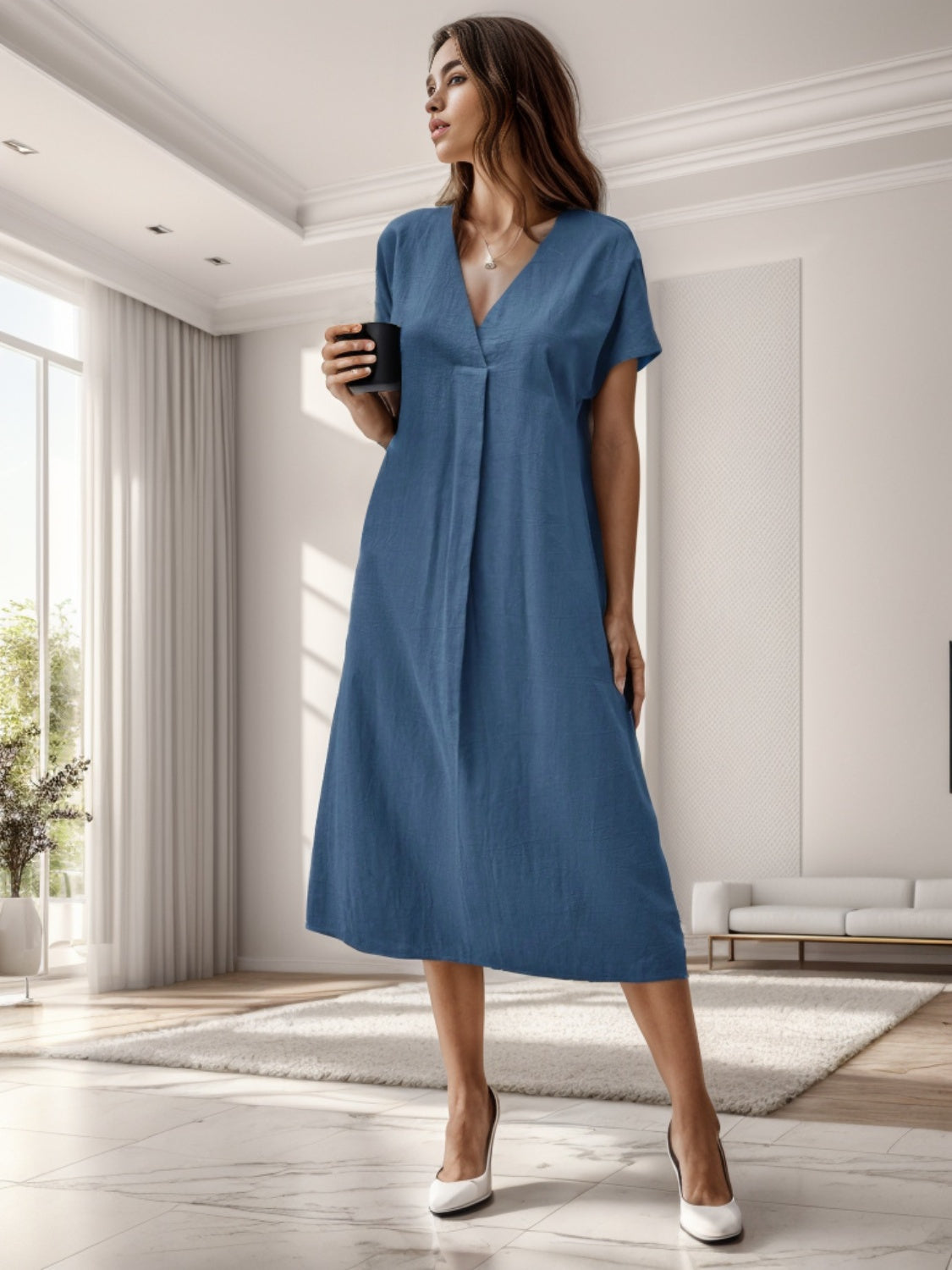 Surplice Short Sleeve Midi Dress - AllIn Computer