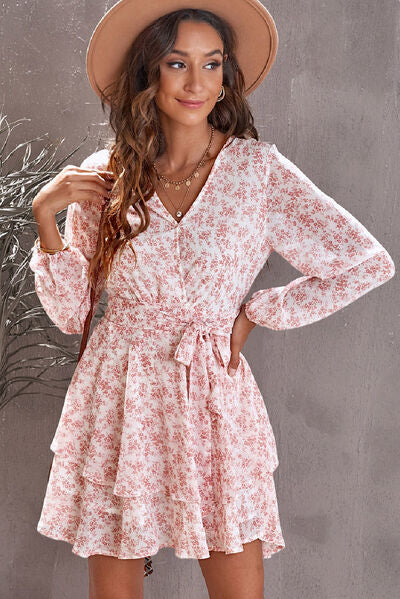 Floral Surplice Balloon Sleeve Layered Dress - AllIn Computer