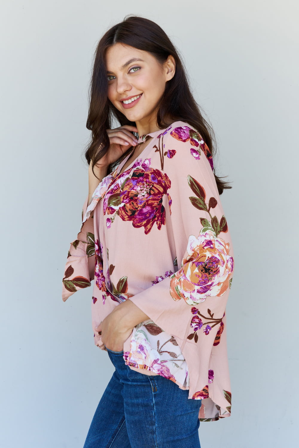 ODDI Full Size Floral Bell Sleeve Crepe Top - AllIn Computer