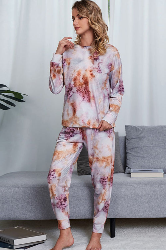 Tie-Dye Crewneck Top and Drawstring Waist Joggers Lounge Set - AllIn Computer