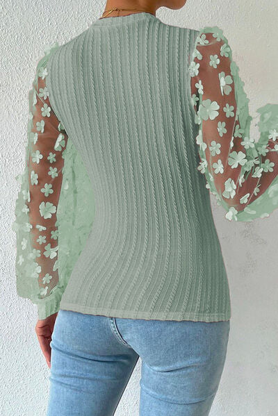 Double Take Textured Applique Long Sleeve Blouse - AllIn Computer
