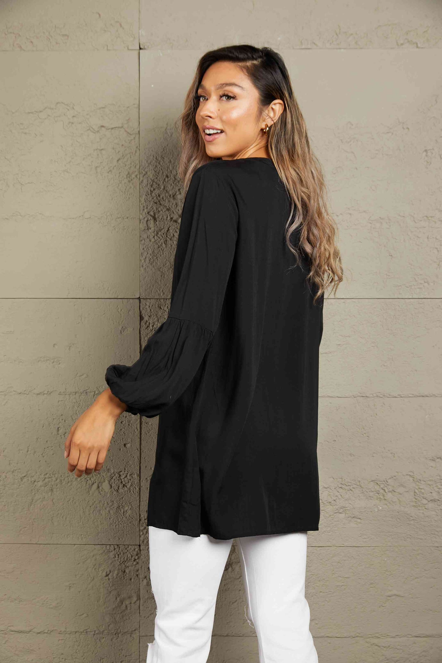 Double Take Notched Neck Balloon Sleeve Shirt - AllIn Computer