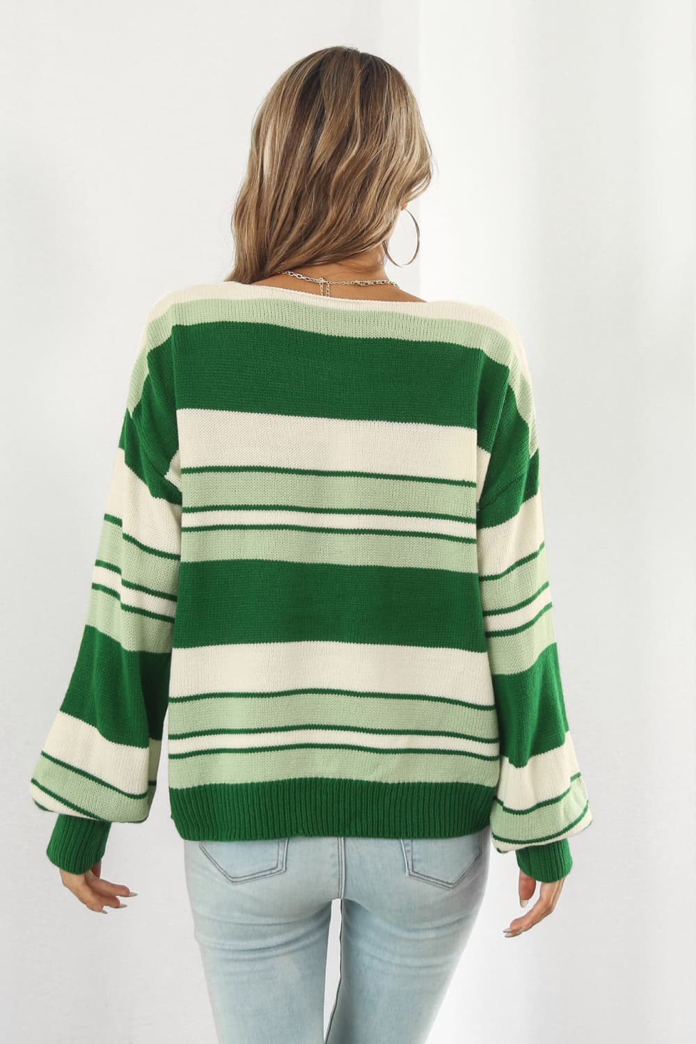 Striped V-Neck Dropped Shoulder Sweater - AllIn Computer