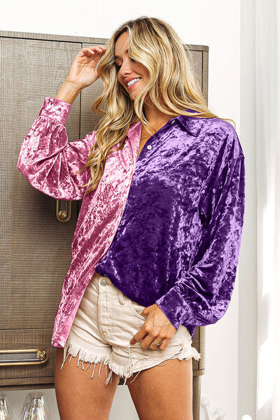 BiBi Contrast Button Up Long Sleeve Shirt - AllIn Computer