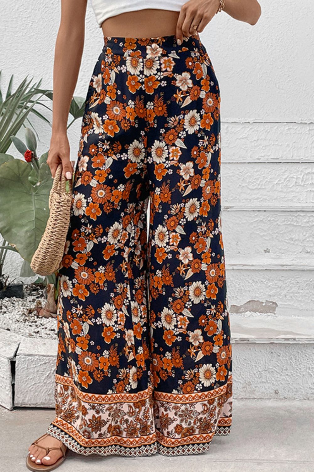 Floral Wide Leg Pants with Pockets - AllIn Computer