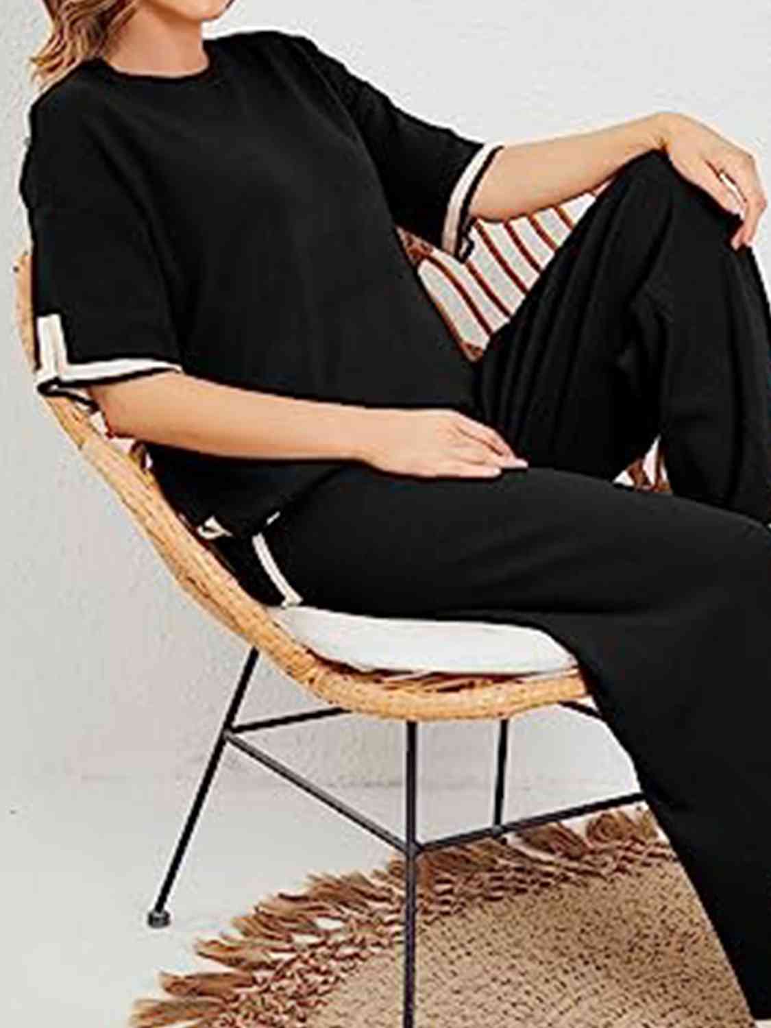 Contrast High-Low Sweater and Knit Pants Set - AllIn Computer