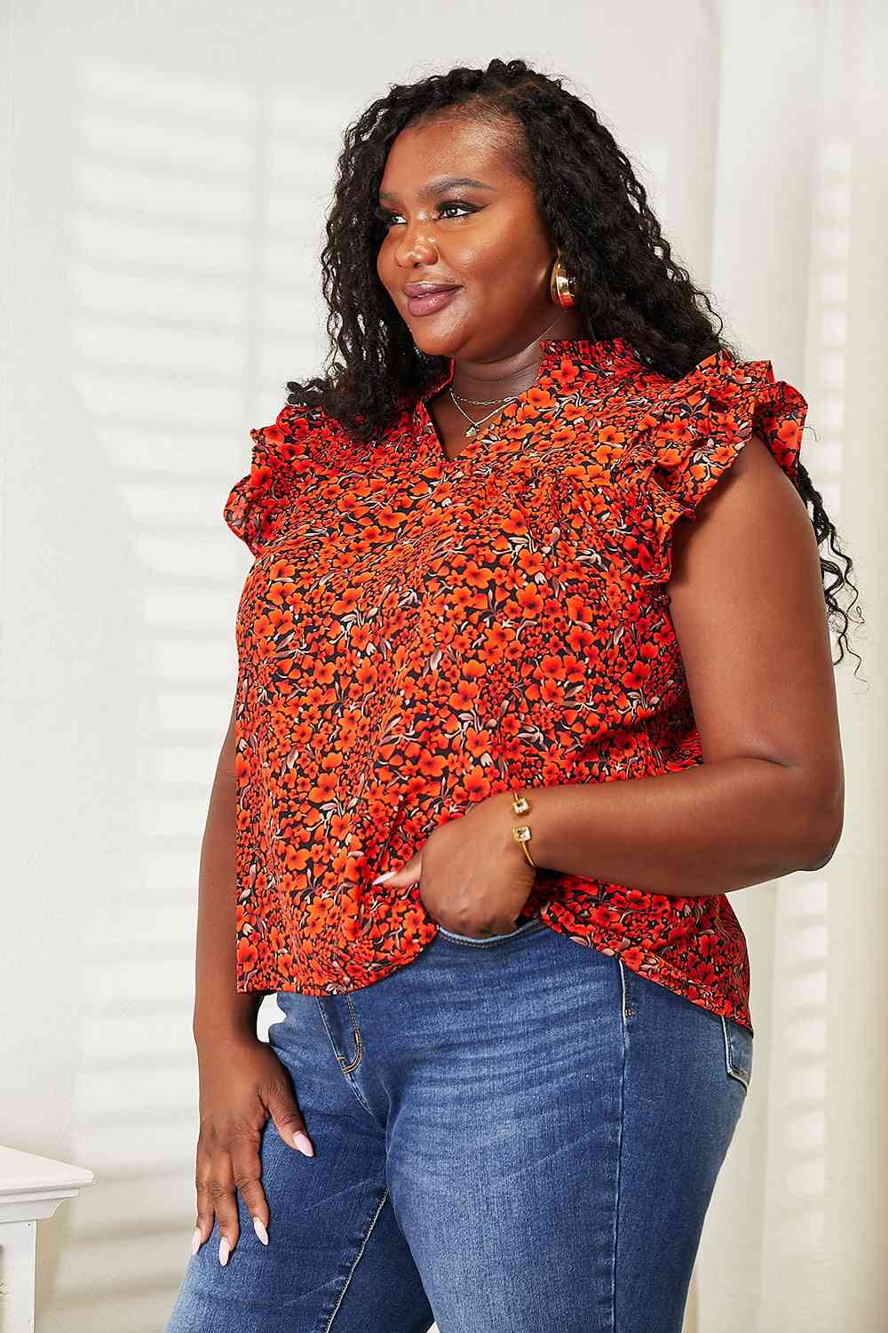 Double Take Floral Flutter Sleeve Notched Neck Blouse - AllIn Computer