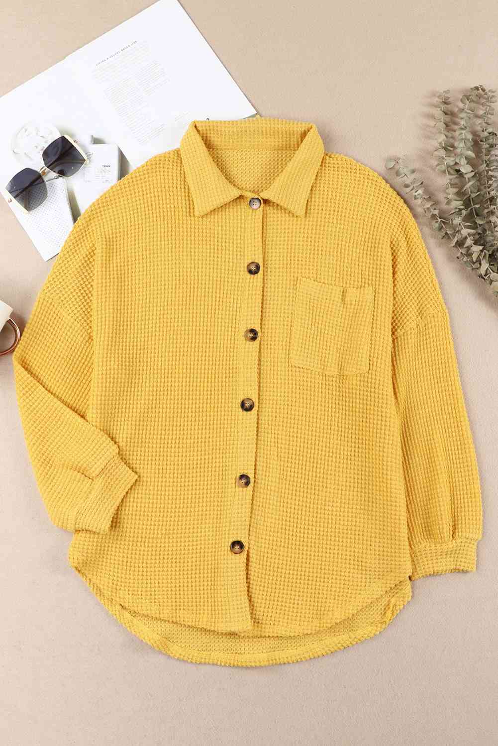 Waffle-Knit Button Up Long Sleeve Shirt with Pocket - AllIn Computer