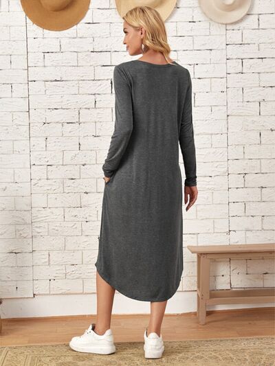 Pocketed Round Neck Long Sleeve Tee Dress - AllIn Computer