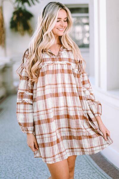 Plaid Long Sleeve Babydoll Mini Dress - AllIn Computer