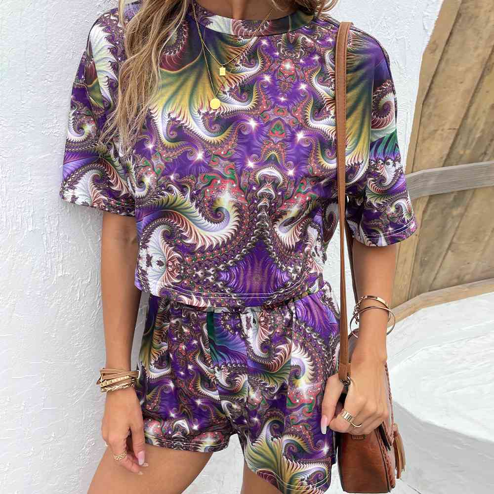 Printed Round Neck Dropped Shoulder Half Sleeve Top and Shorts Set - AllIn Computer